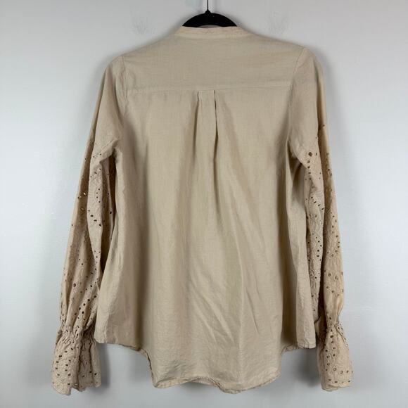 Mazik Top Womens Small Beige Button Front Eyelet Bell Sleeve Pleated Blouse Boho - Picture 3 of 8